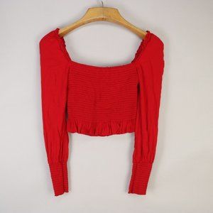 REFORMATION ST. FRANCIS SMOCKED BLOUSE RED RAUCHED CROP TOP MEDIUM